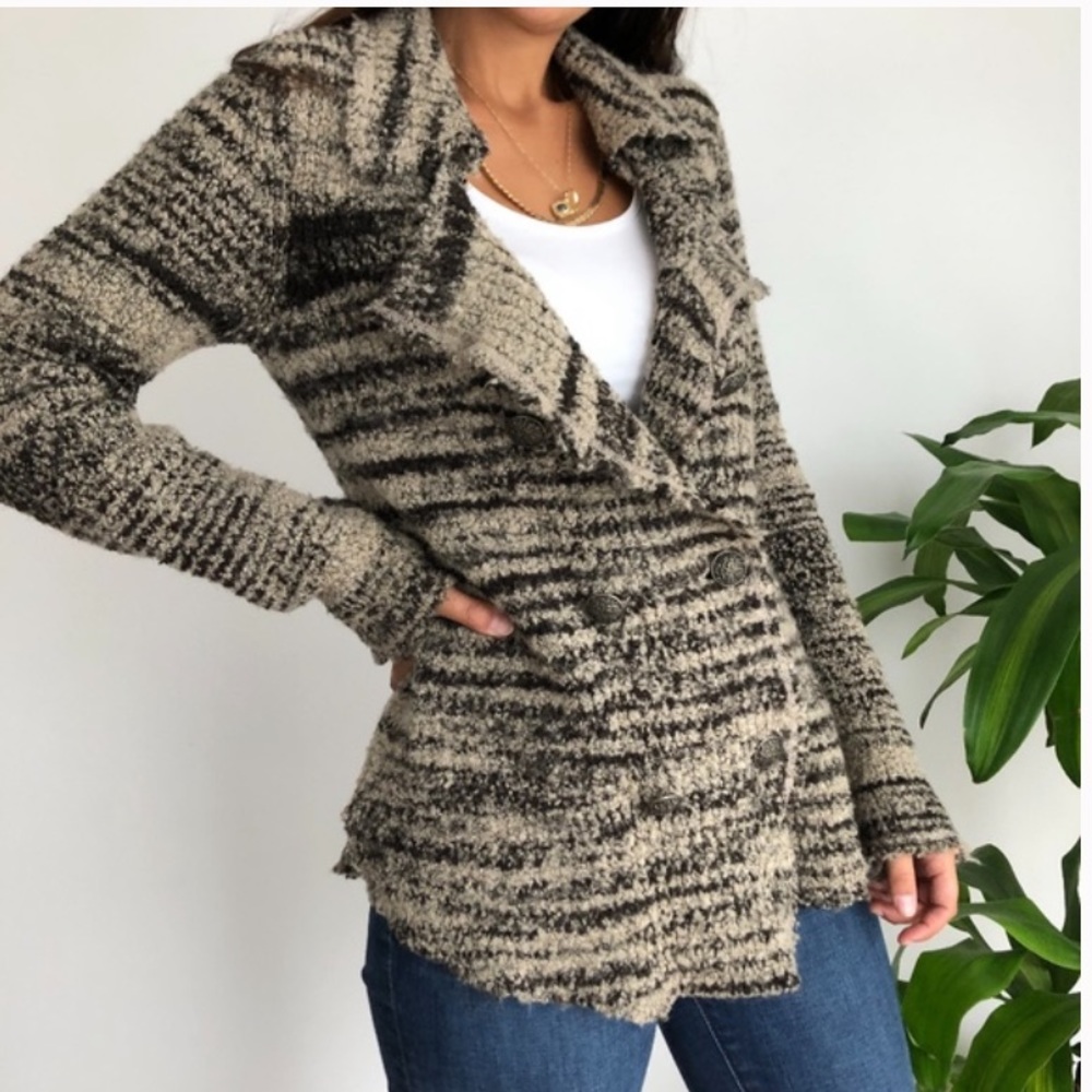 Free People Striped Blazer Animal Print Sherpa Sweater Chunky Knit Double Breast